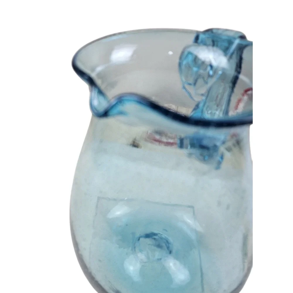 Handblown Seeded Blue Bubble Glass Pitcher Applied Handle Pinchd Spout Art Glass